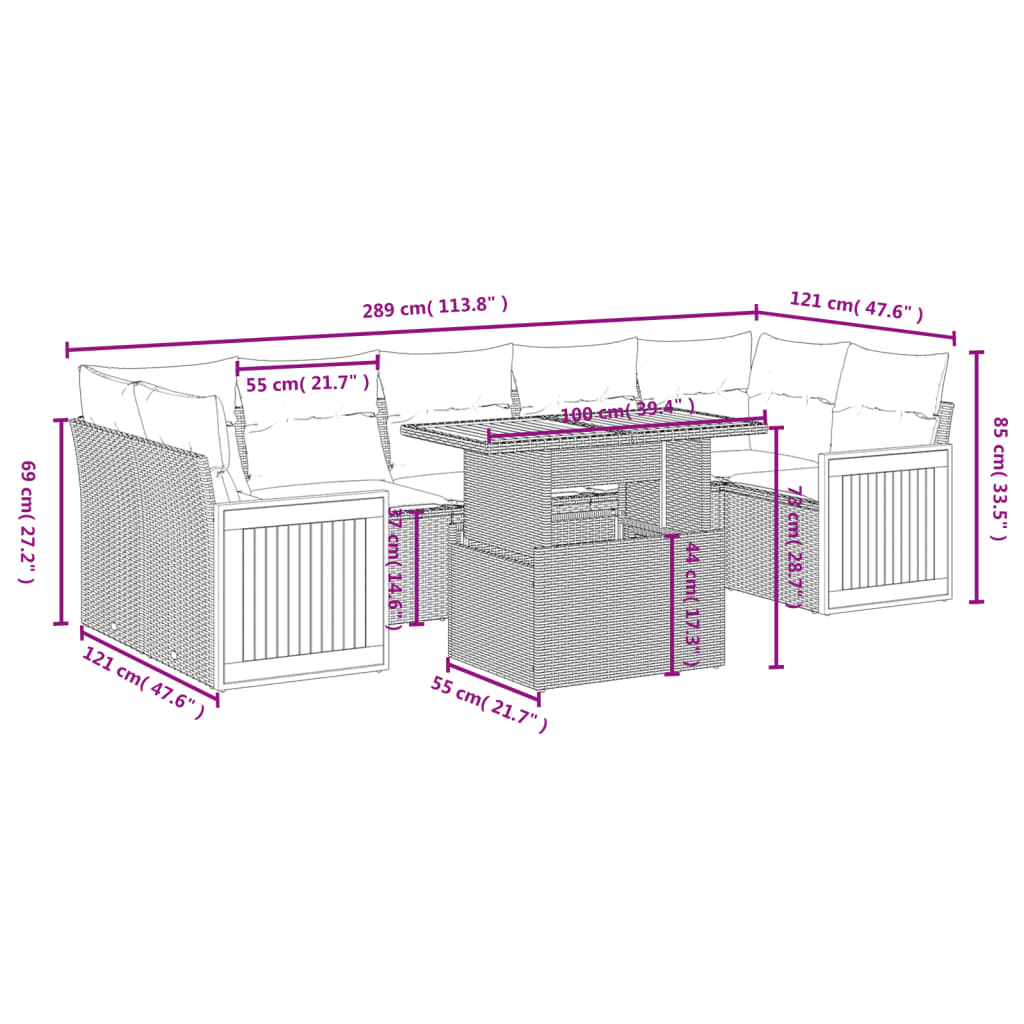 7 pcs conjunto de sofás p/ jardim com almofadões vime PE bege