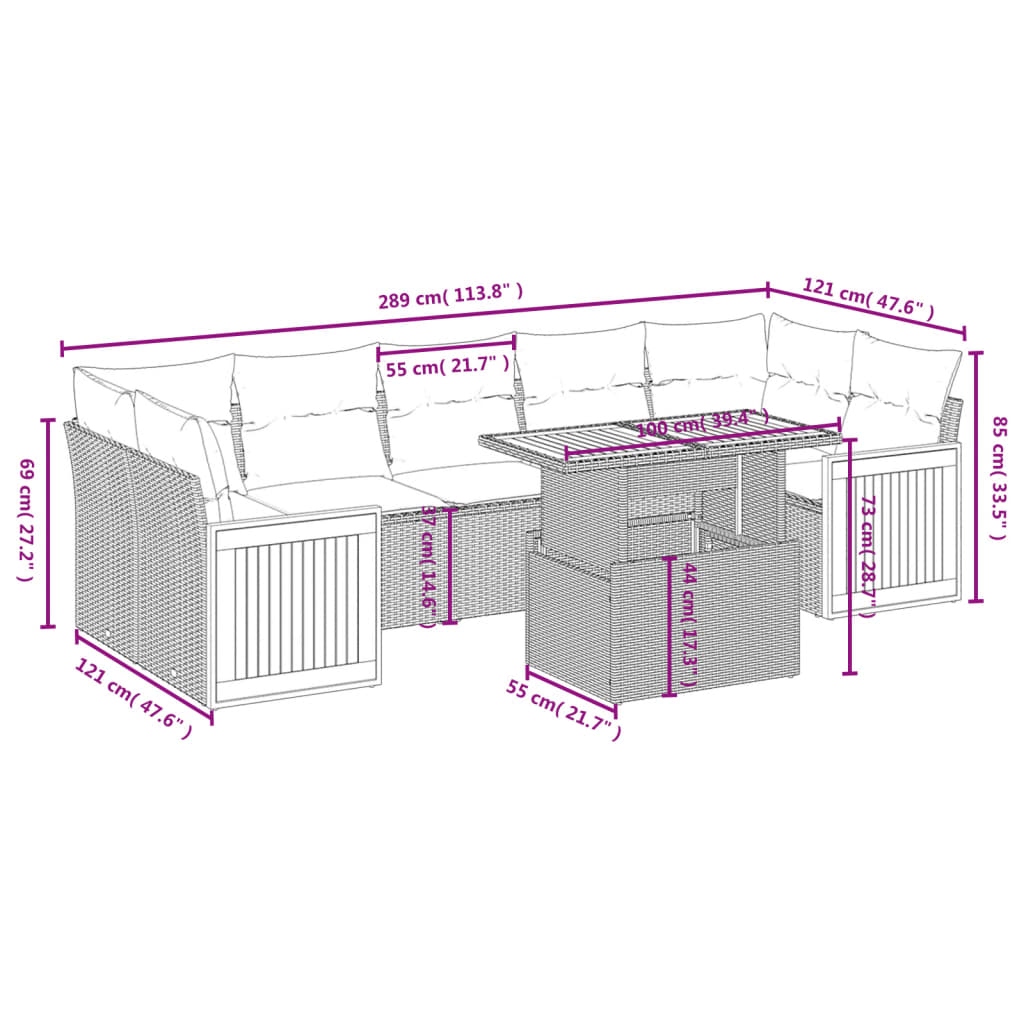 8 pcs conjunto sofás de jardim com almofadões vime PE preto