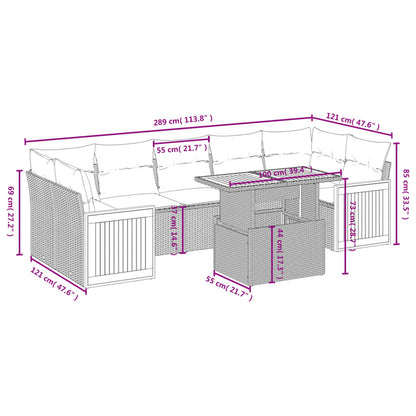 8 pcs conjunto sofás de jardim com almofadões vime PE preto