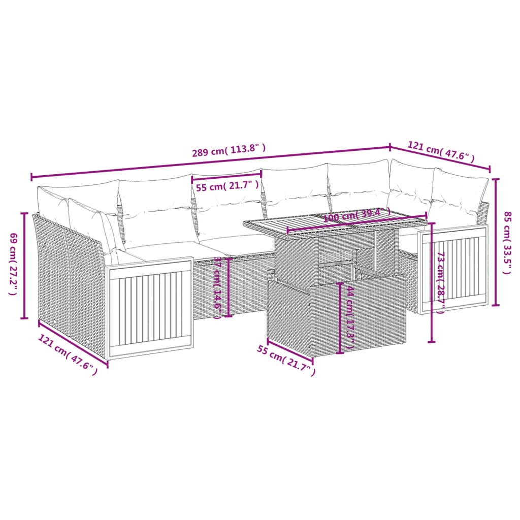 8 pcs conjunto sofás de jardim c/ almofadões vime PE cinzento