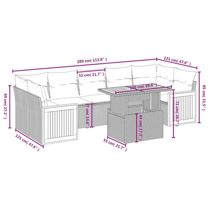 8 pcs conjunto sofás de jardim c/ almofadões vime PE cinzento