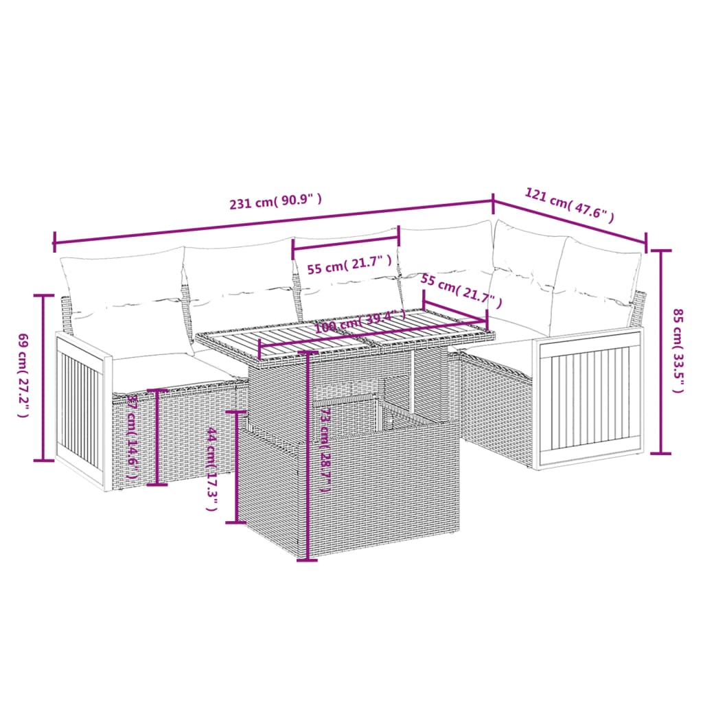 6 pcs conjunto de sofás p/ jardim com almofadões vime PE bege