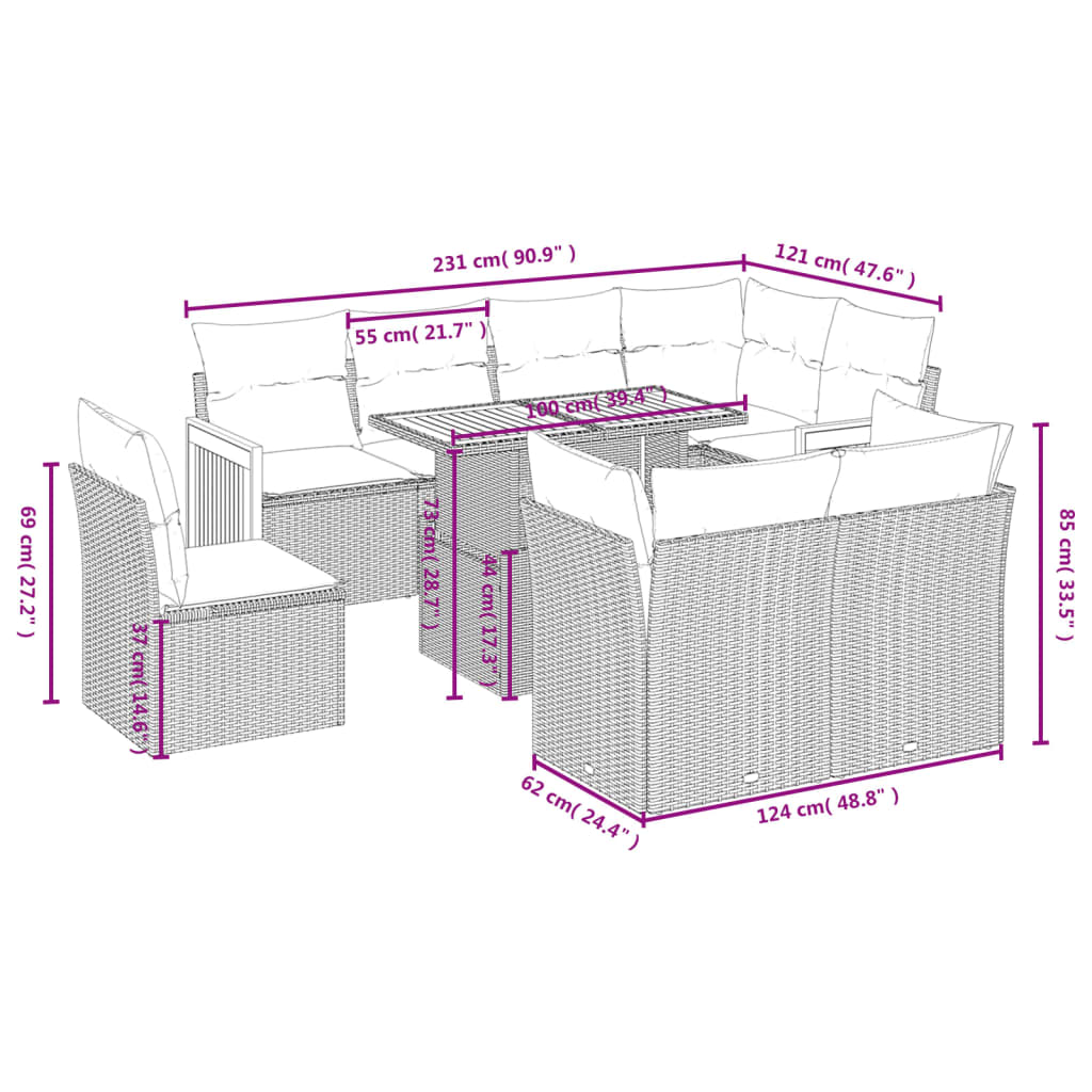 9 pcs conjunto de sofás p/ jardim com almofadões vime PE bege