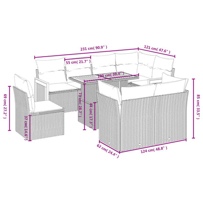 9 pcs conjunto de sofás p/ jardim com almofadões vime PE bege