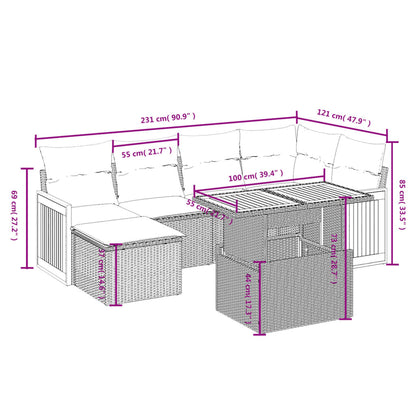 7 pcs conjunto sofás p/ jardim c/ almofadões vime PE cinzento