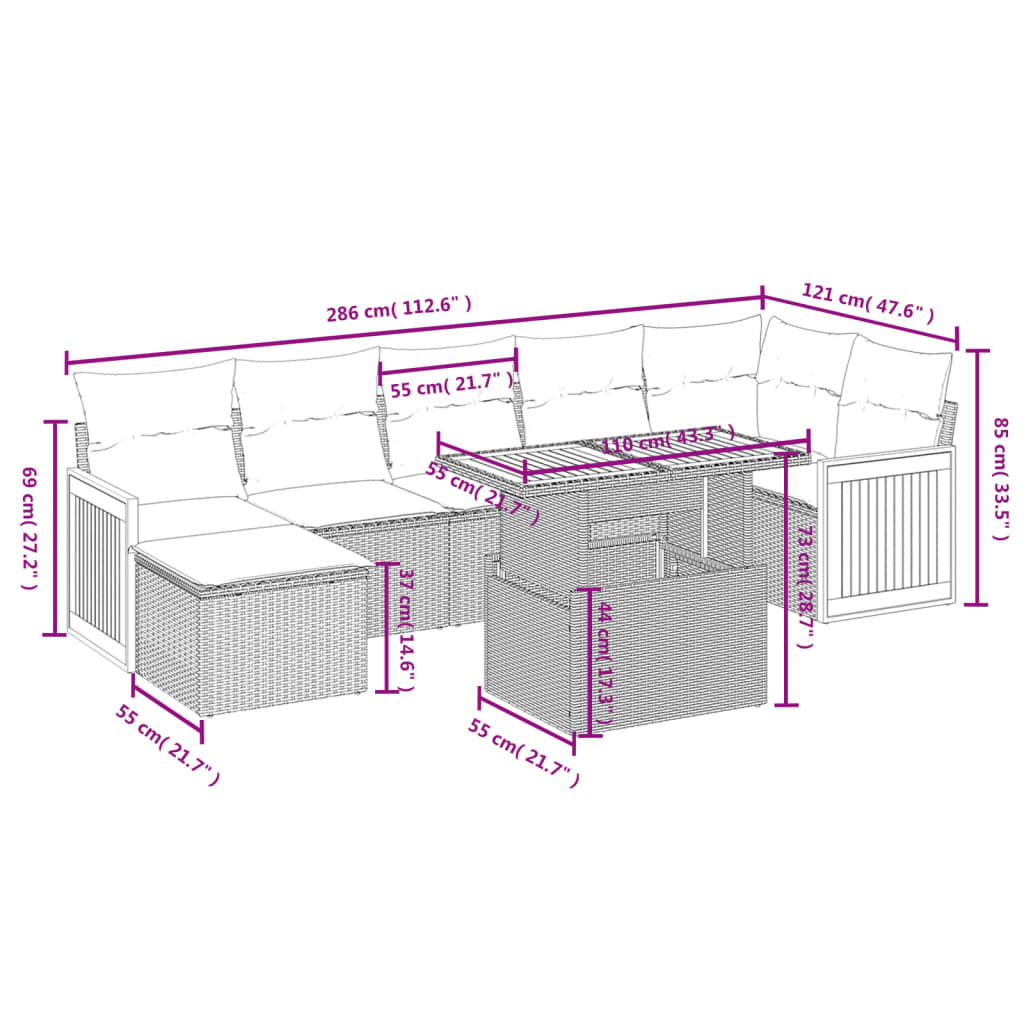 8 pcs conjunto sofás de jardim com almofadões vime PE preto