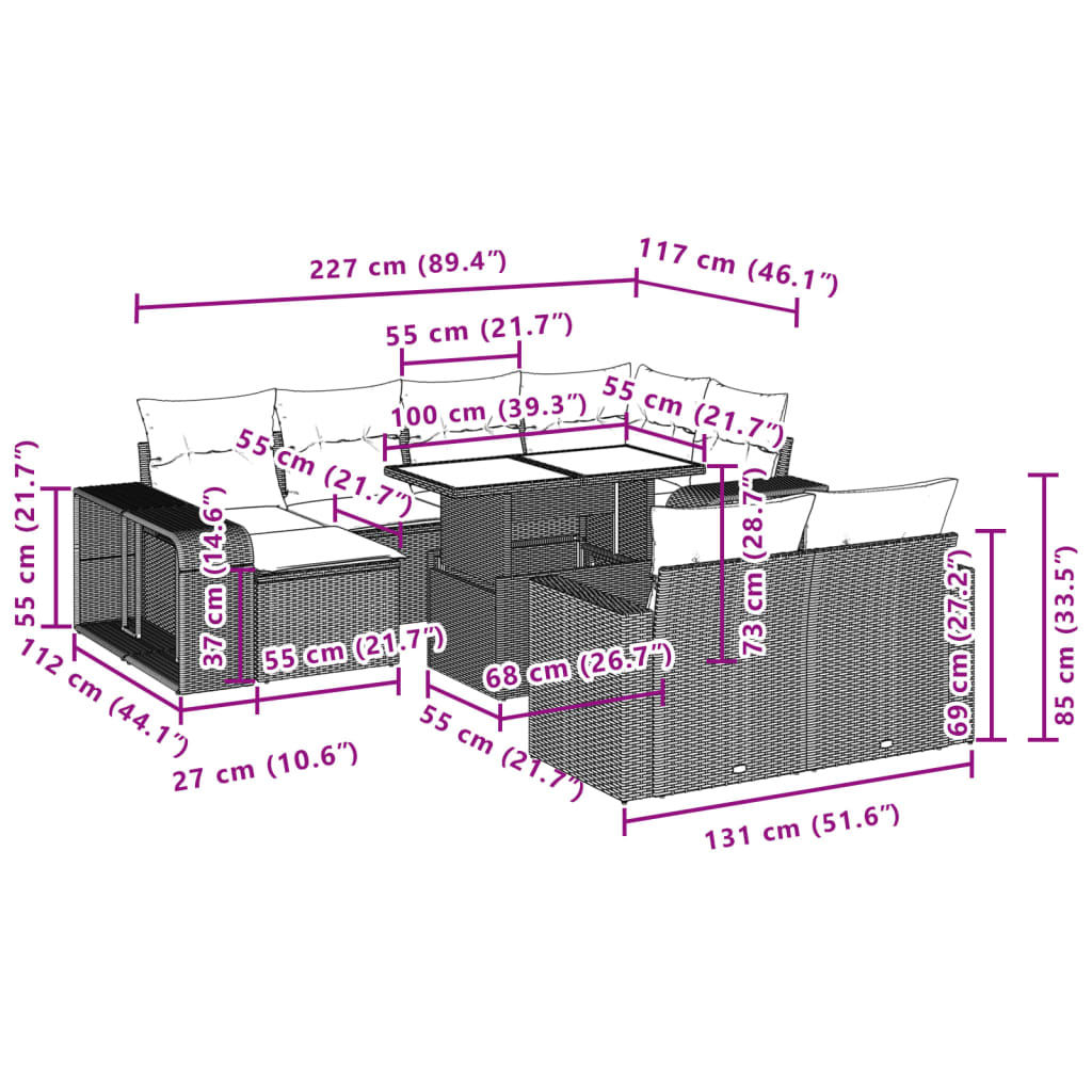 11 pcs conjunto sofás de jardim c/ almofadões vime PE preto