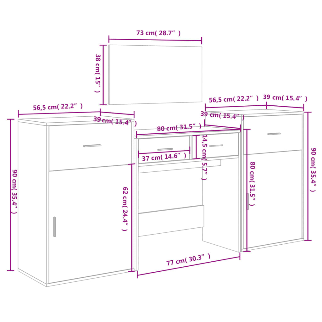 Conj. de toucador 4 pcs derivados de madeira cinzento cimento