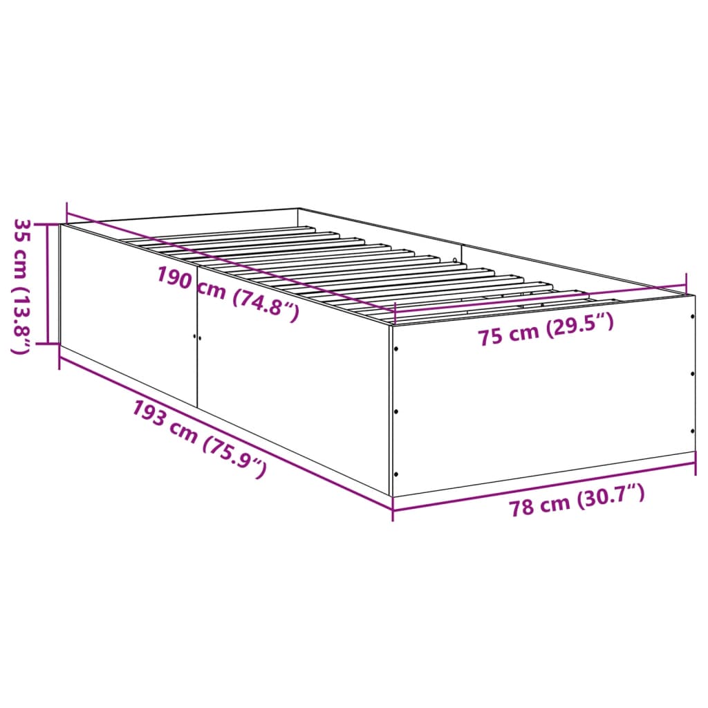 Estrutura cama 75x190 cm derivados de madeira cinzento sonoma