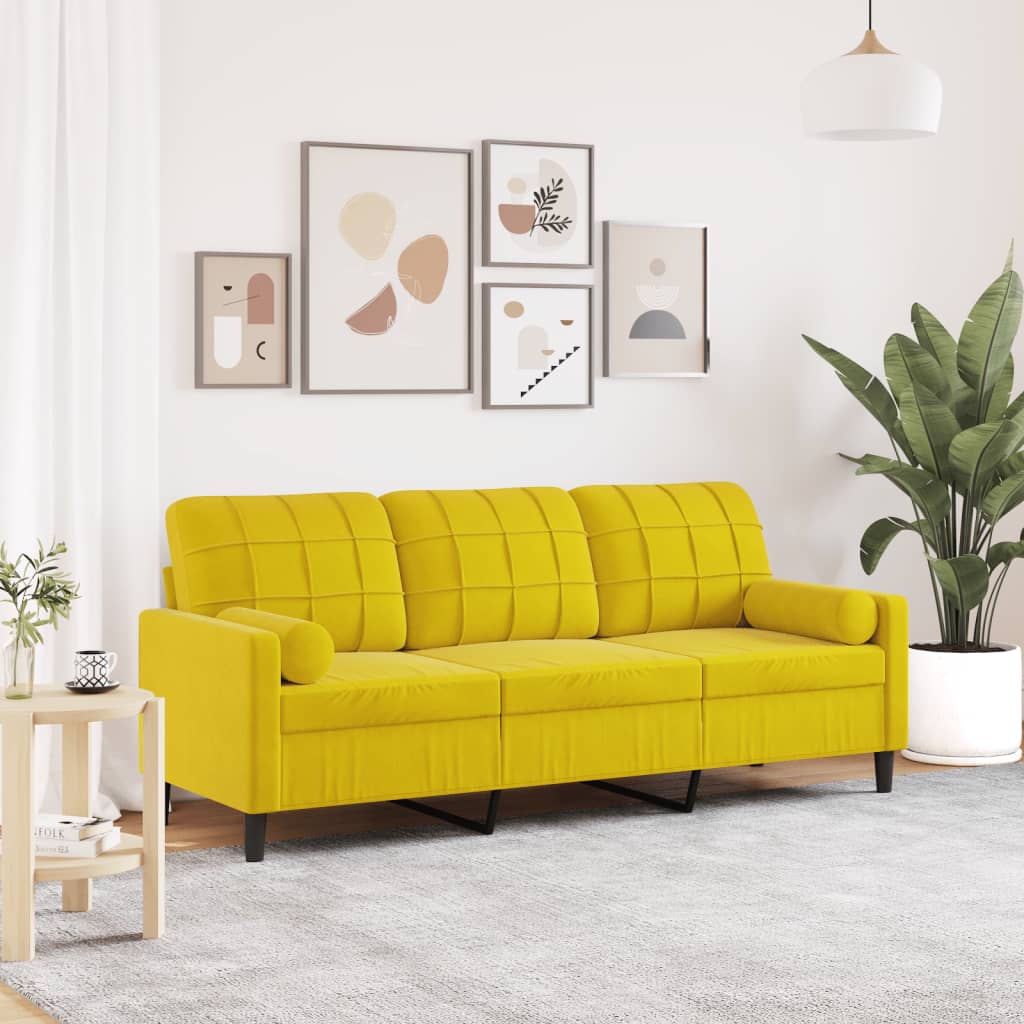 Sofá 3 lugares c/ almofadas decorativas 180 cm veludo amarelo