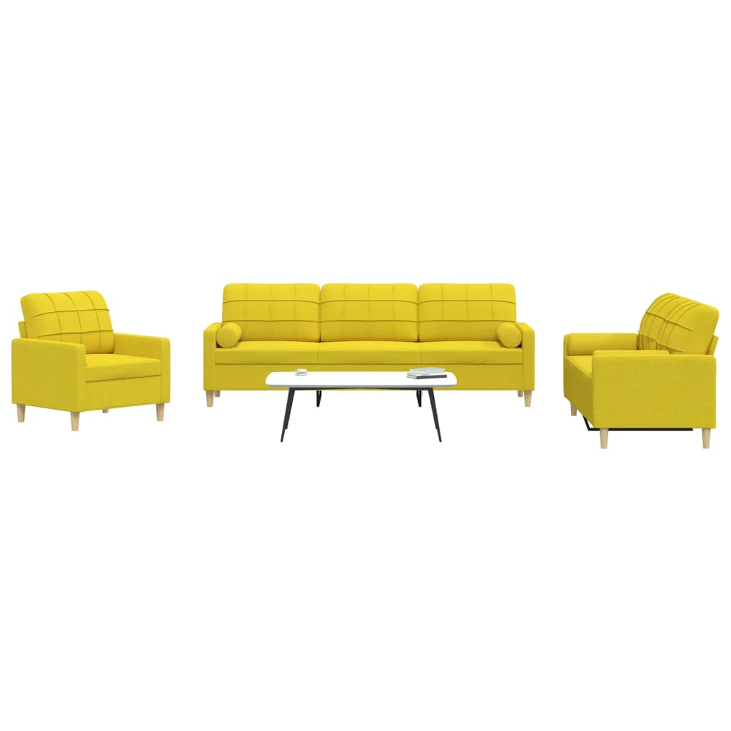 3 pcs conjunto de sofás com almofadas tecido amarelo-claro