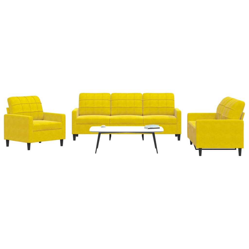 3 pcs conjunto de sofás com almofadões veludo amarelo