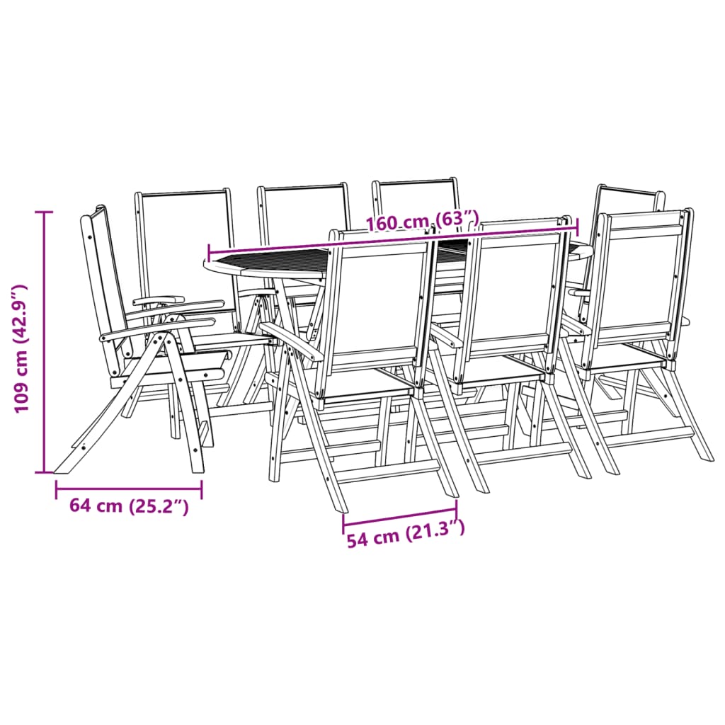 9 pcs conjunto de jantar para jardim acácia maciça e textilene