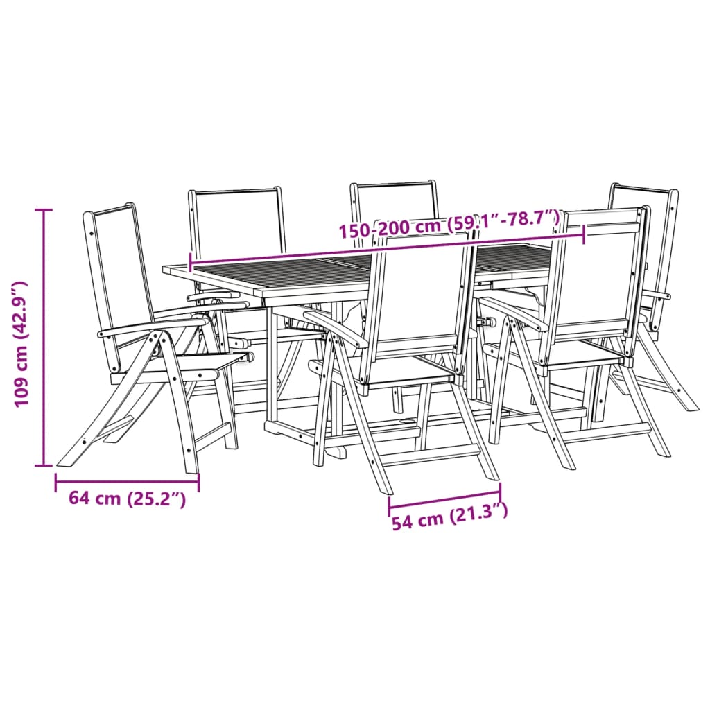 7 pcs conjunto de jantar para jardim acácia maciça e textilene