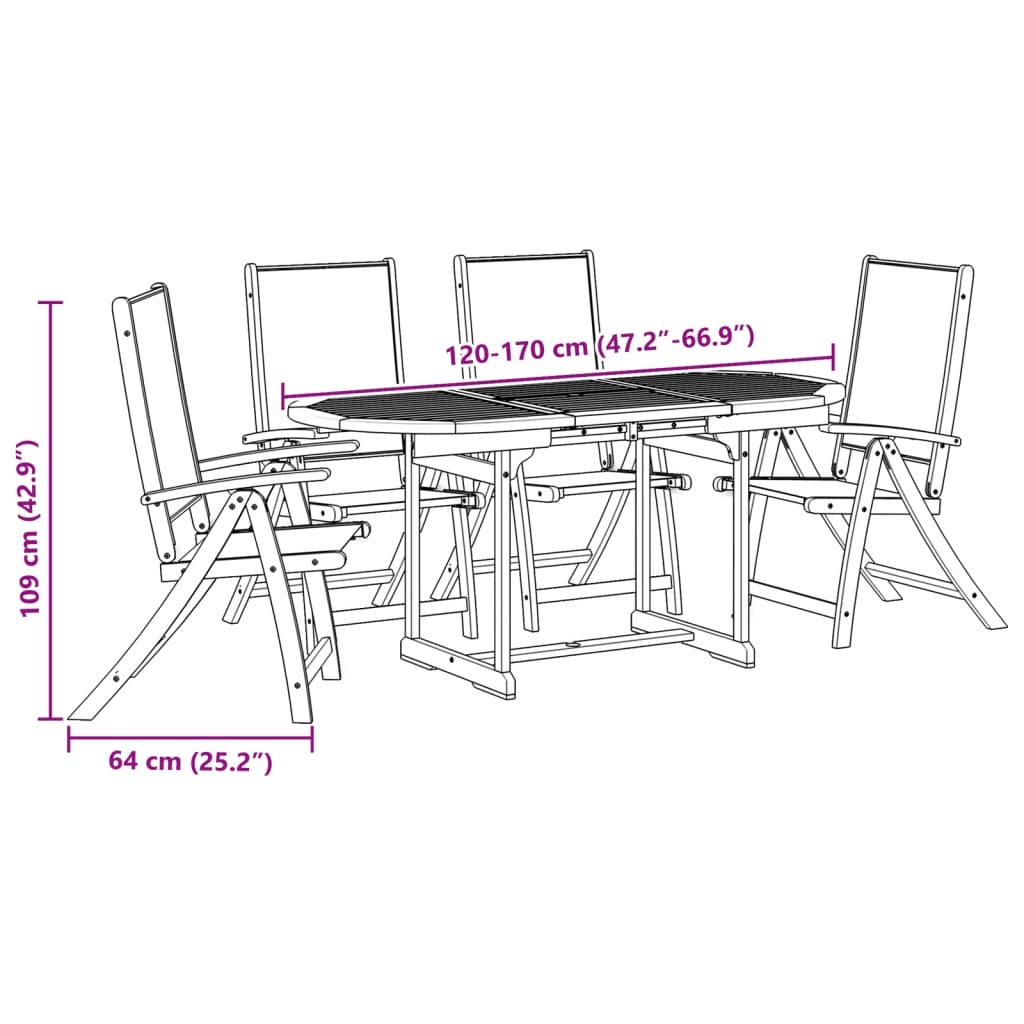 5 pcs conjunto de jantar para jardim acácia maciça e textilene