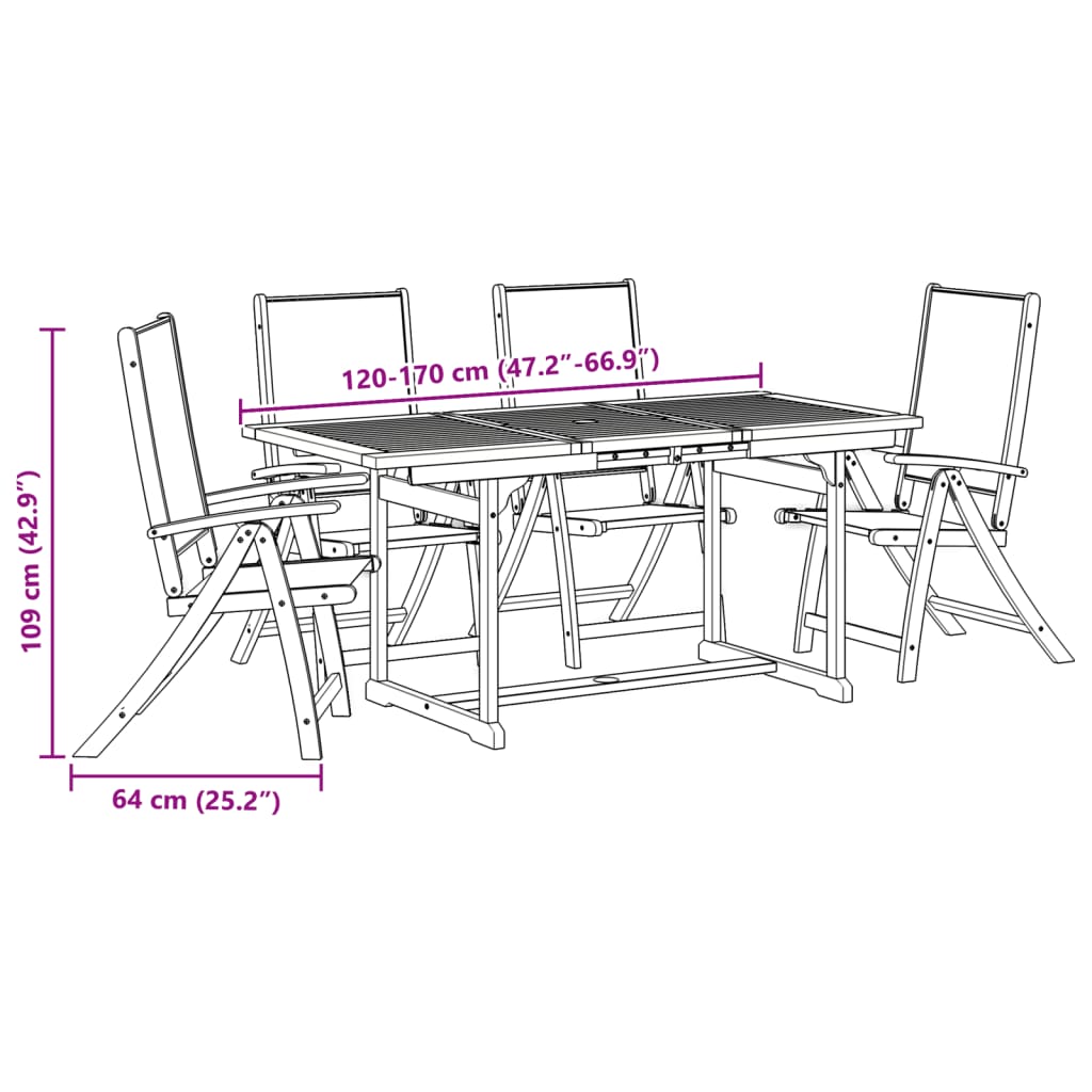 5 pcs conjunto de jantar para jardim acácia maciça e textilene