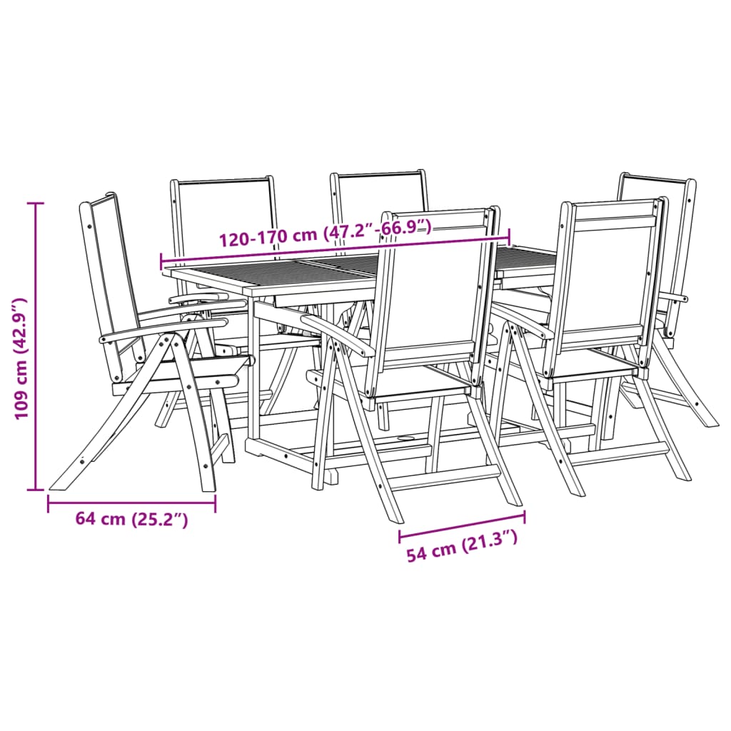 7 pcs conjunto de jantar para jardim acácia maciça e textilene