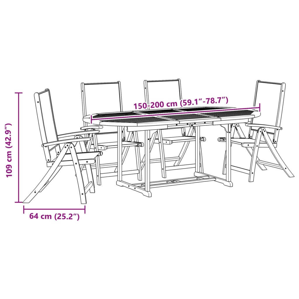 5 pcs conjunto de jantar para jardim acácia maciça e textilene