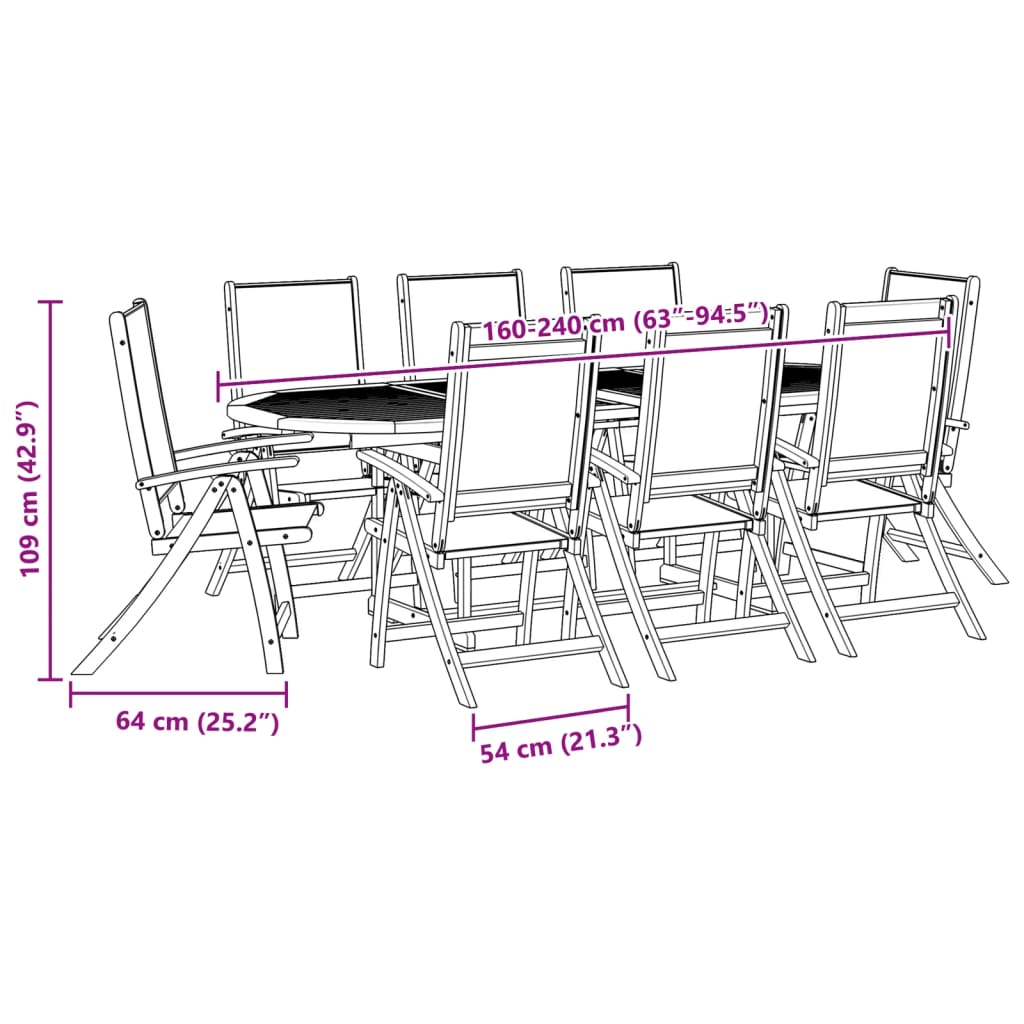 9 pcs conjunto de jantar para jardim acácia maciça e textilene