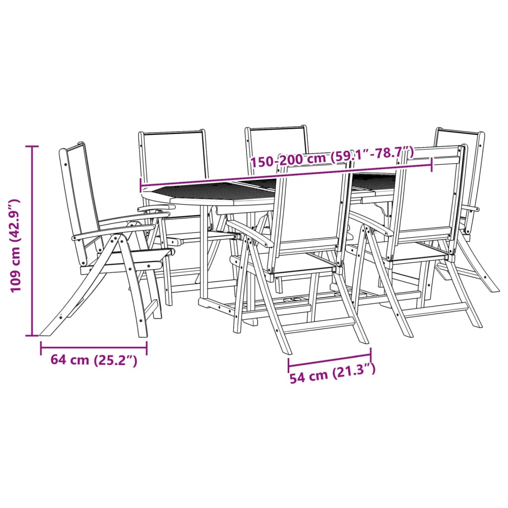 7 pcs conjunto de jantar para jardim acácia maciça e textilene