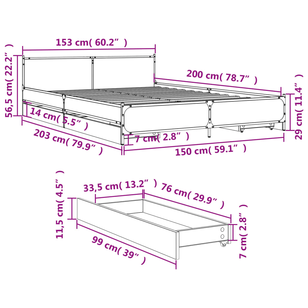 Estrutura de cama c/ gavetas 150x200 cm derivados madeira preto