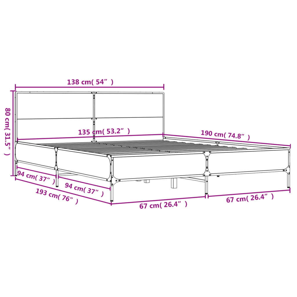 Estrutura de cama 135x190 cm derivados de madeira/metal preto