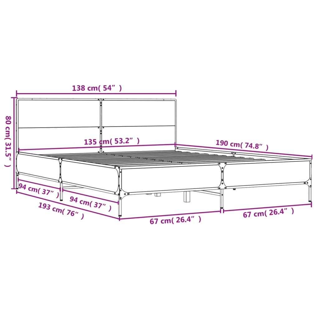 Estrutura de cama 135x190 cm derivados madeira/metal