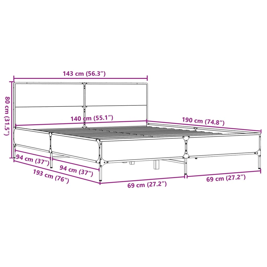 Estrutura de cama 140x190 cm derivados de madeira/metal preto