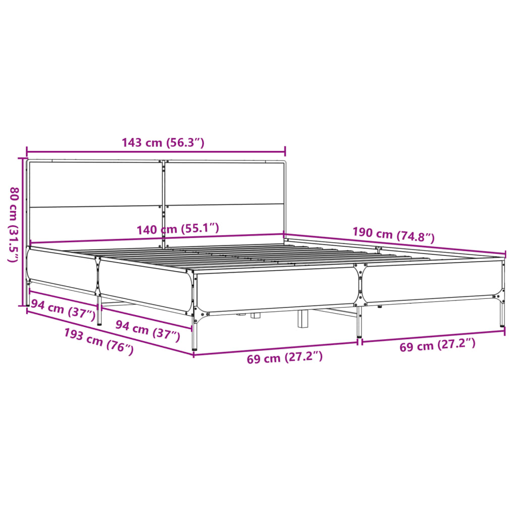 Estrutura cama 140x190 cm derivados de madeira/metal