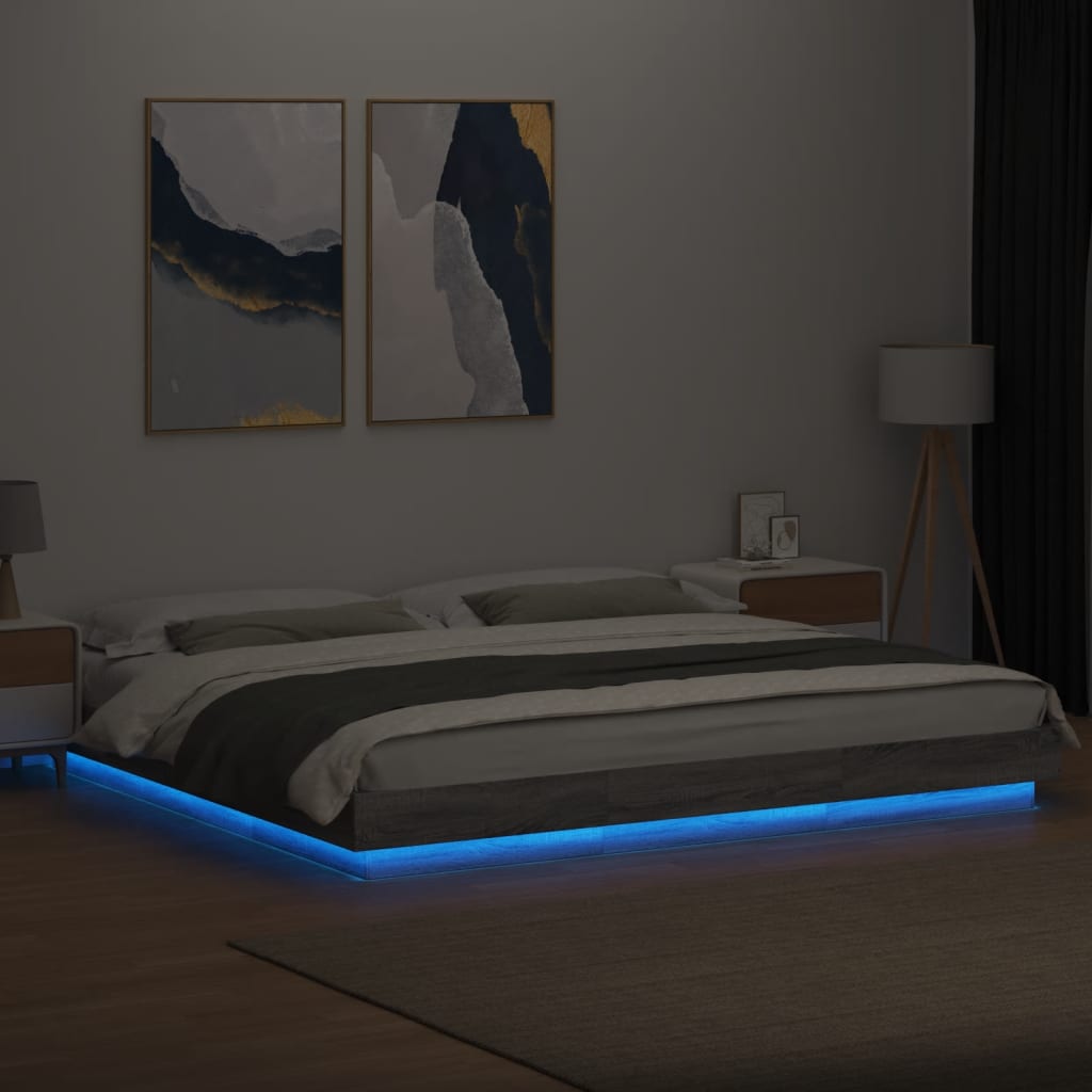 Estrutura de cama c/ luzes LED derivados madeira cinza sonoma