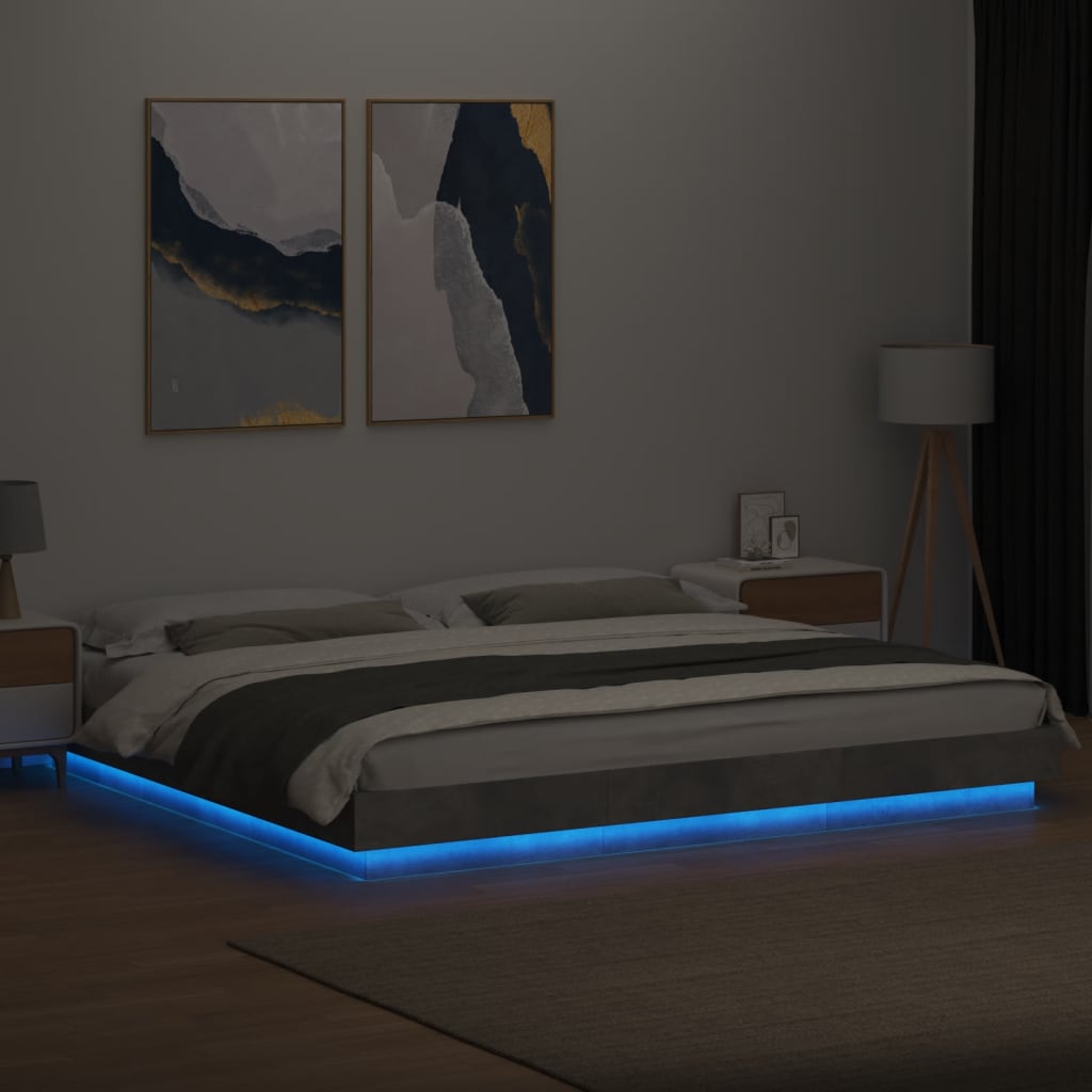 Estrutura cama c/ luzes LED derivados de madeira cinza cimento