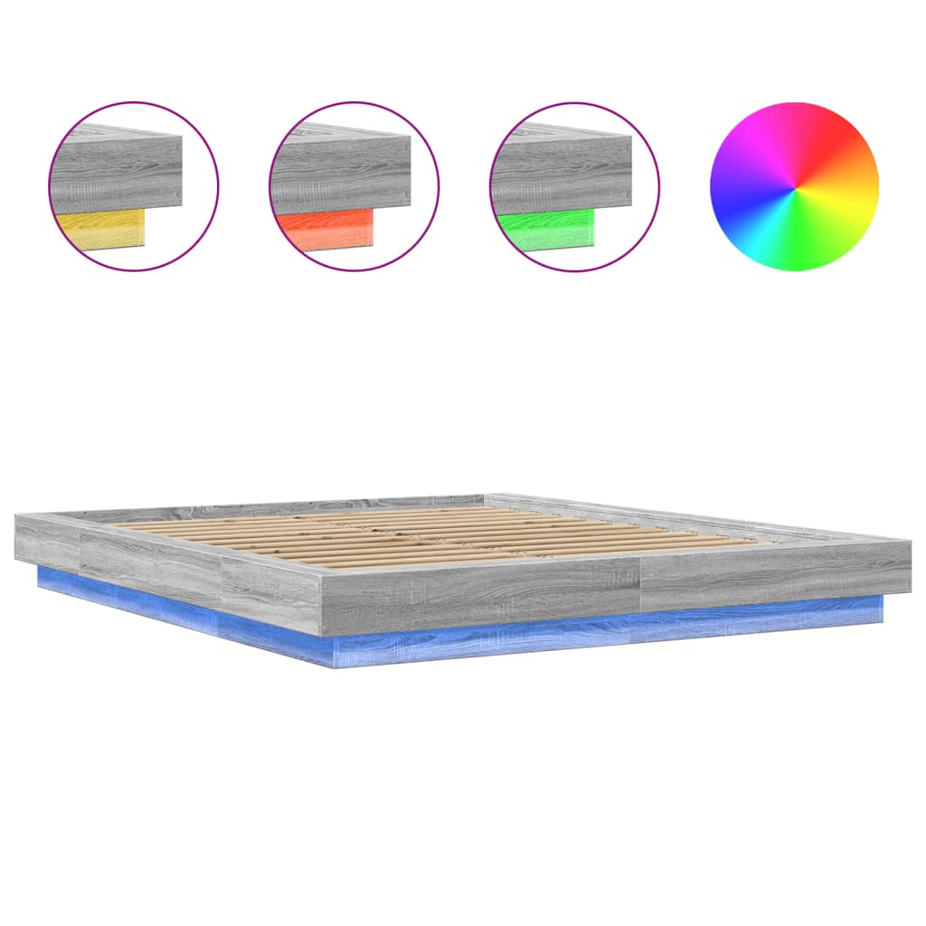 Estrutura de cama c/ luzes LED derivados madeira cinza sonoma