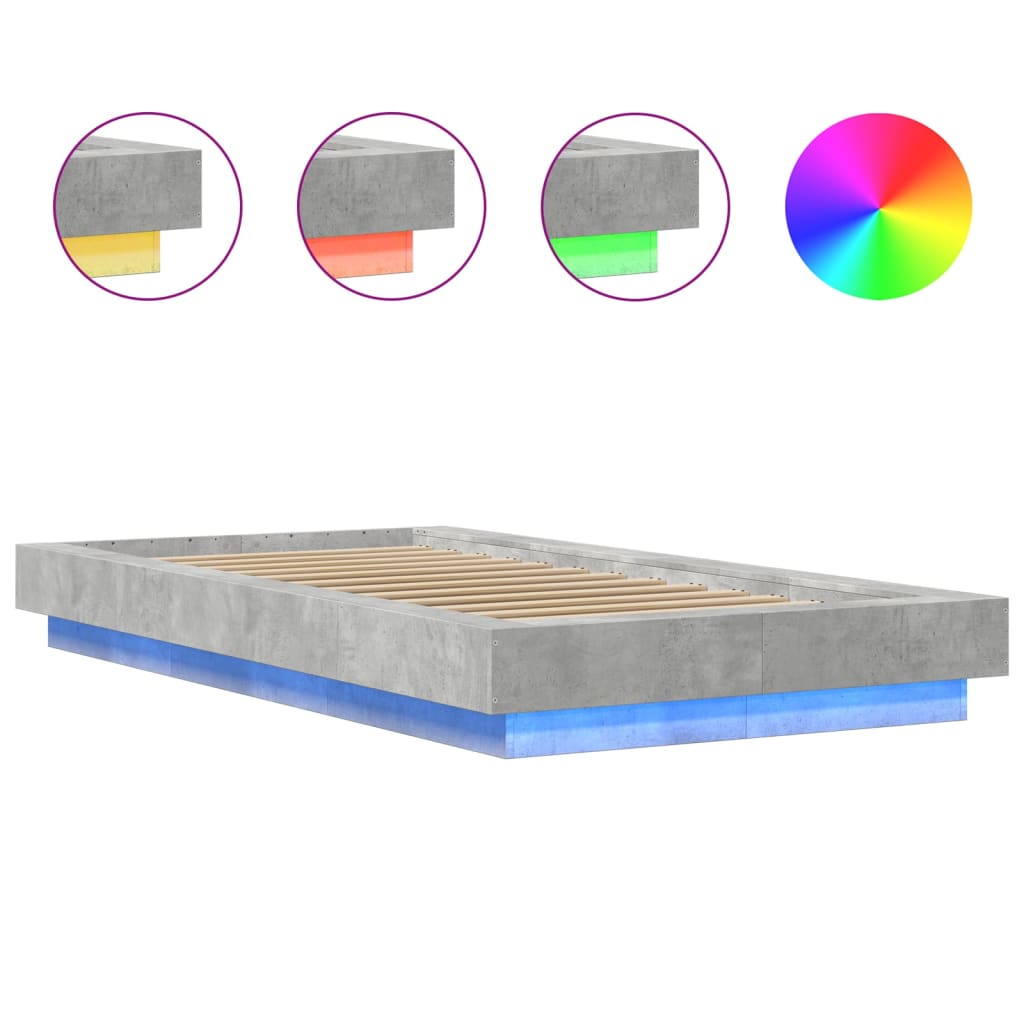 Estrutura de cama c/ luzes LED derivados madeira cinza cimento