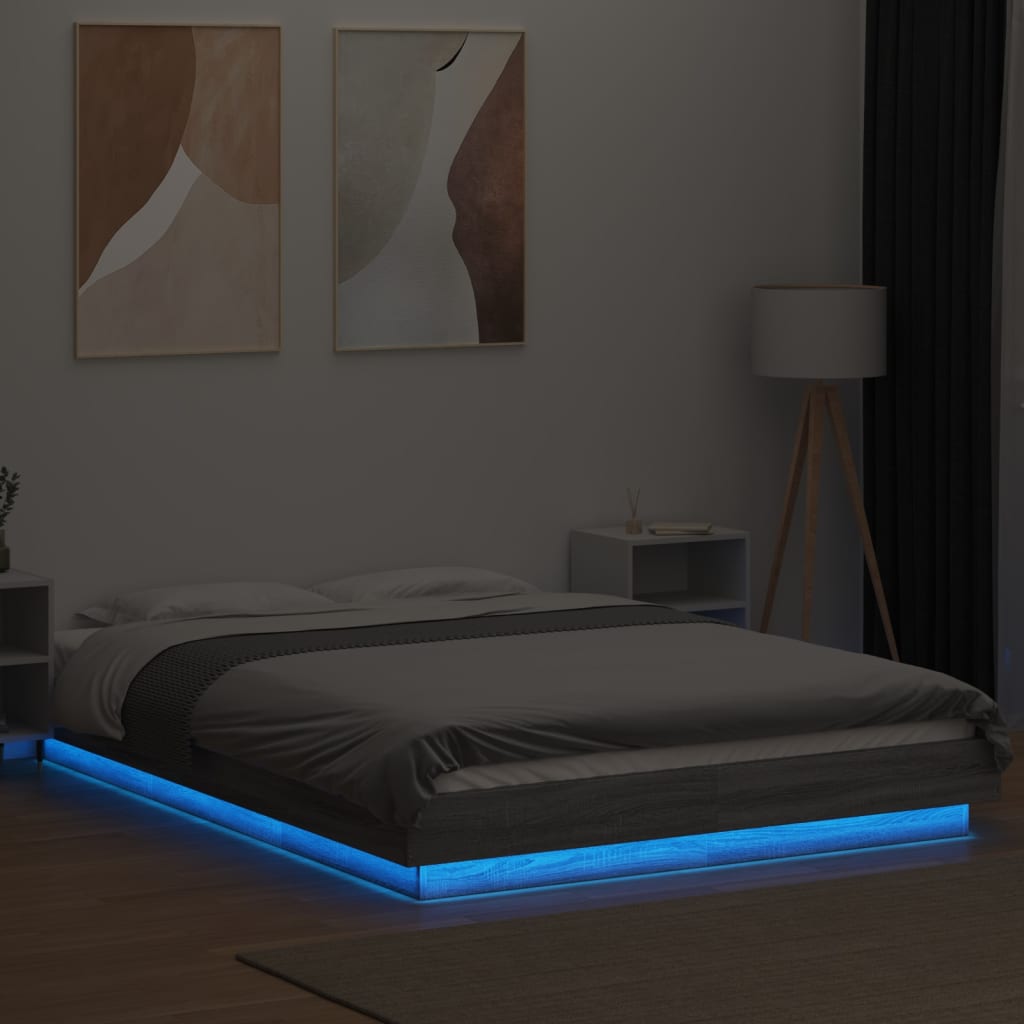 Estrutura de cama c/ luzes LED derivados madeira cinza sonoma