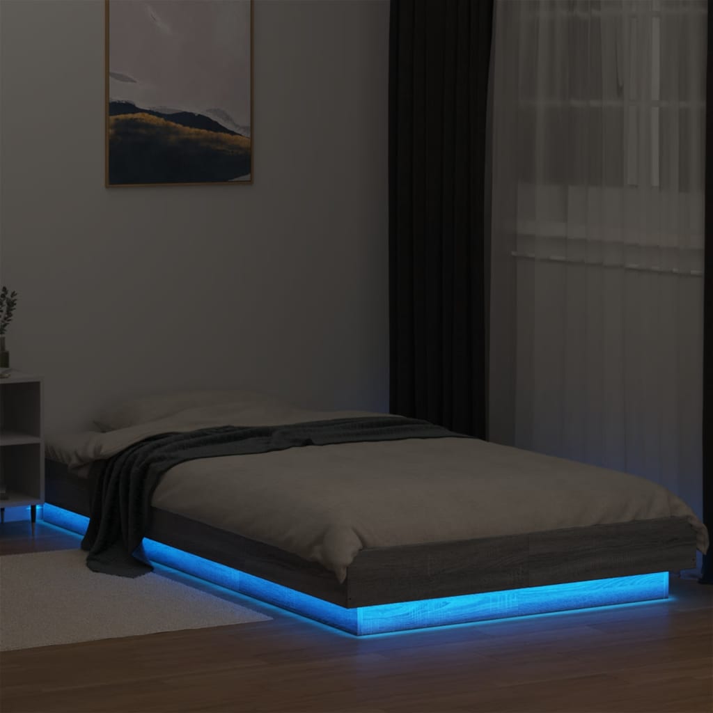 Estrutura cama c/ luzes LED derivados madeira cinzento sonoma