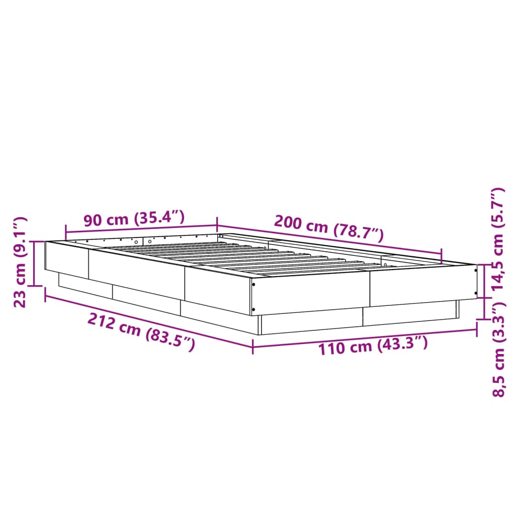 Estrutura de cama 90x200cm derivados de madeira carvalho sonoma