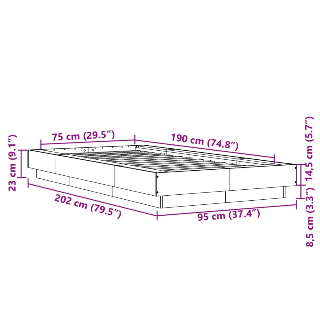 Estrutura de cama 75x190cm derivados de madeira carvalho sonoma