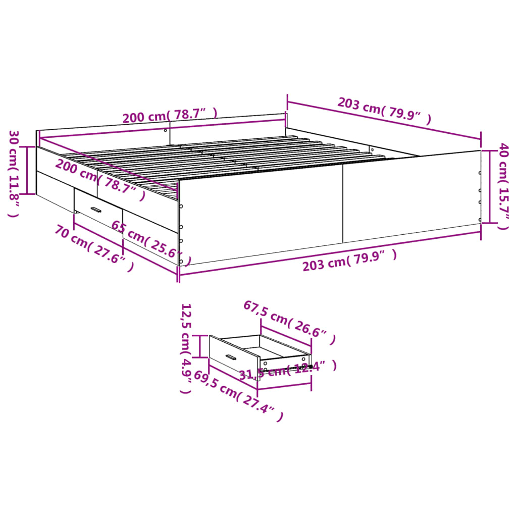 Estrutura de cama c/ gavetas 200x200cm derivados madeira branco