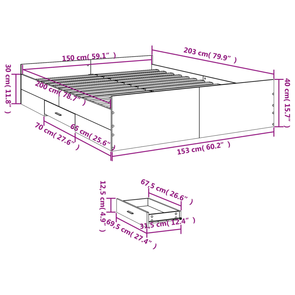 Estrutura de cama c/ gavetas 150x200cm derivados madeira branco