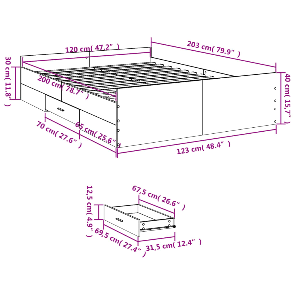 Estrutura de cama c/ gavetas 120x200cm derivados madeira branco