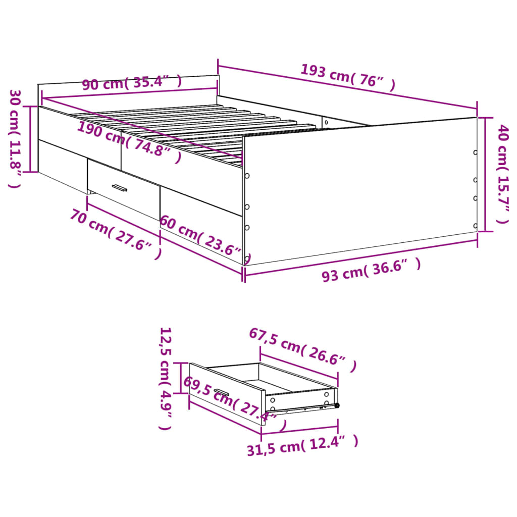 Estrutura cama c/ gavetas 90x190 cm derivados de madeira branco