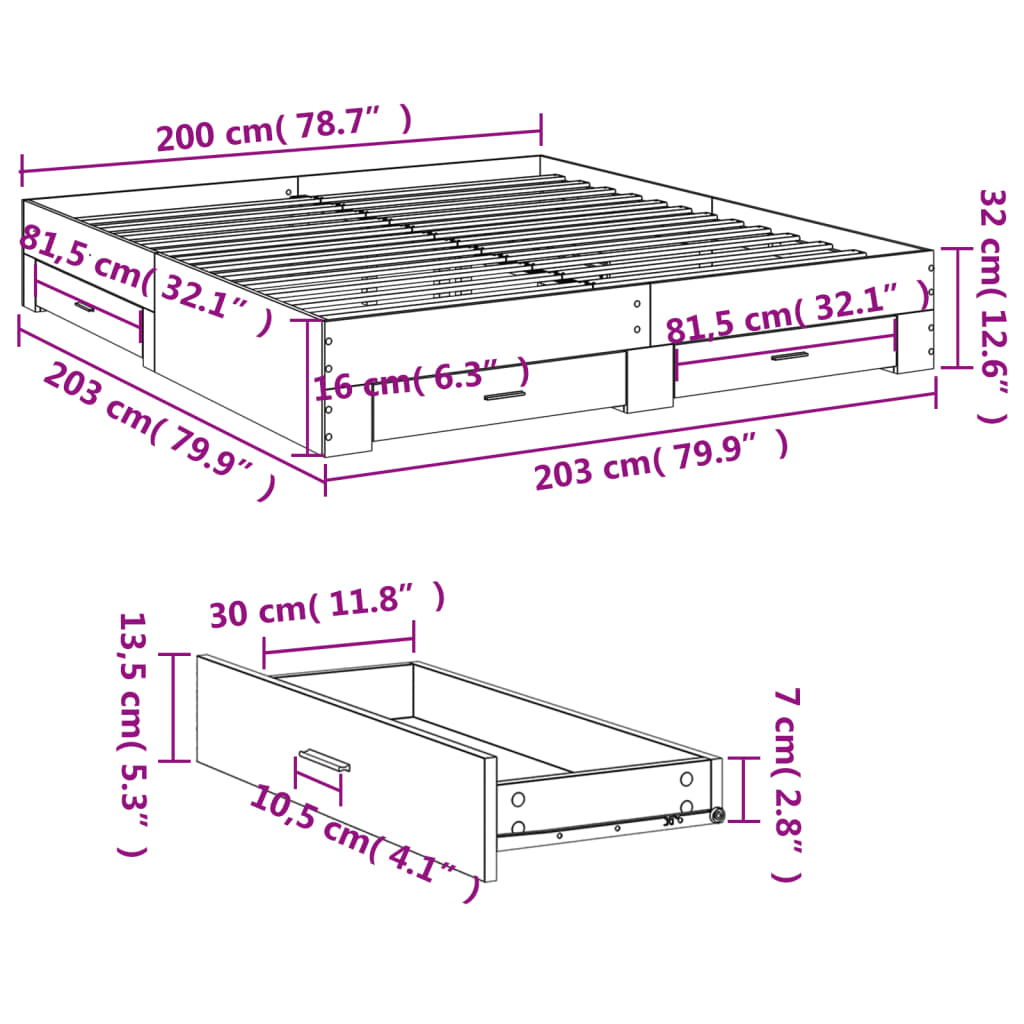 Estrutura de cama c/ gavetas 200x200cm derivados madeira branco