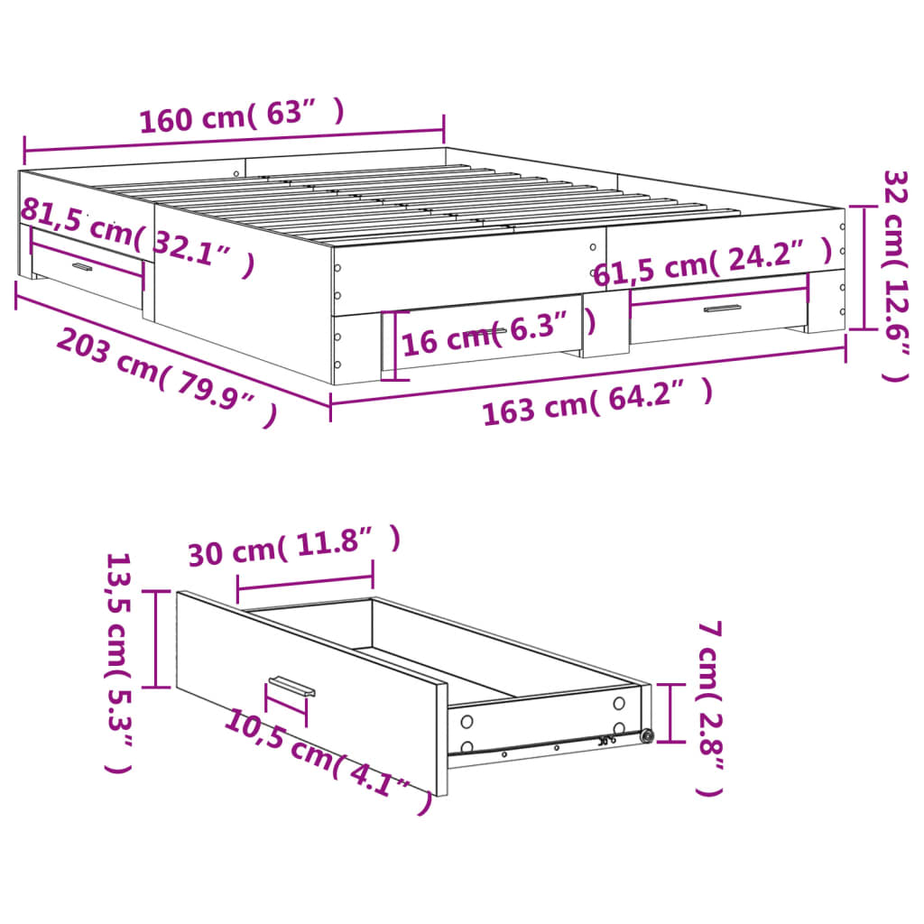 Estrutura de cama c/ gavetas 160x200cm derivados madeira branco