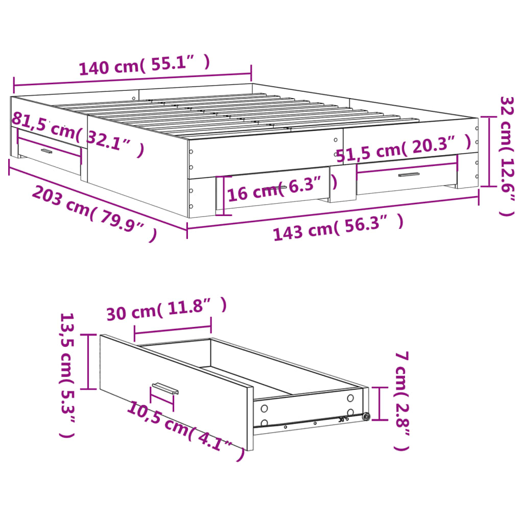 Estrutura de cama c/ gavetas 140x200cm derivados madeira branco