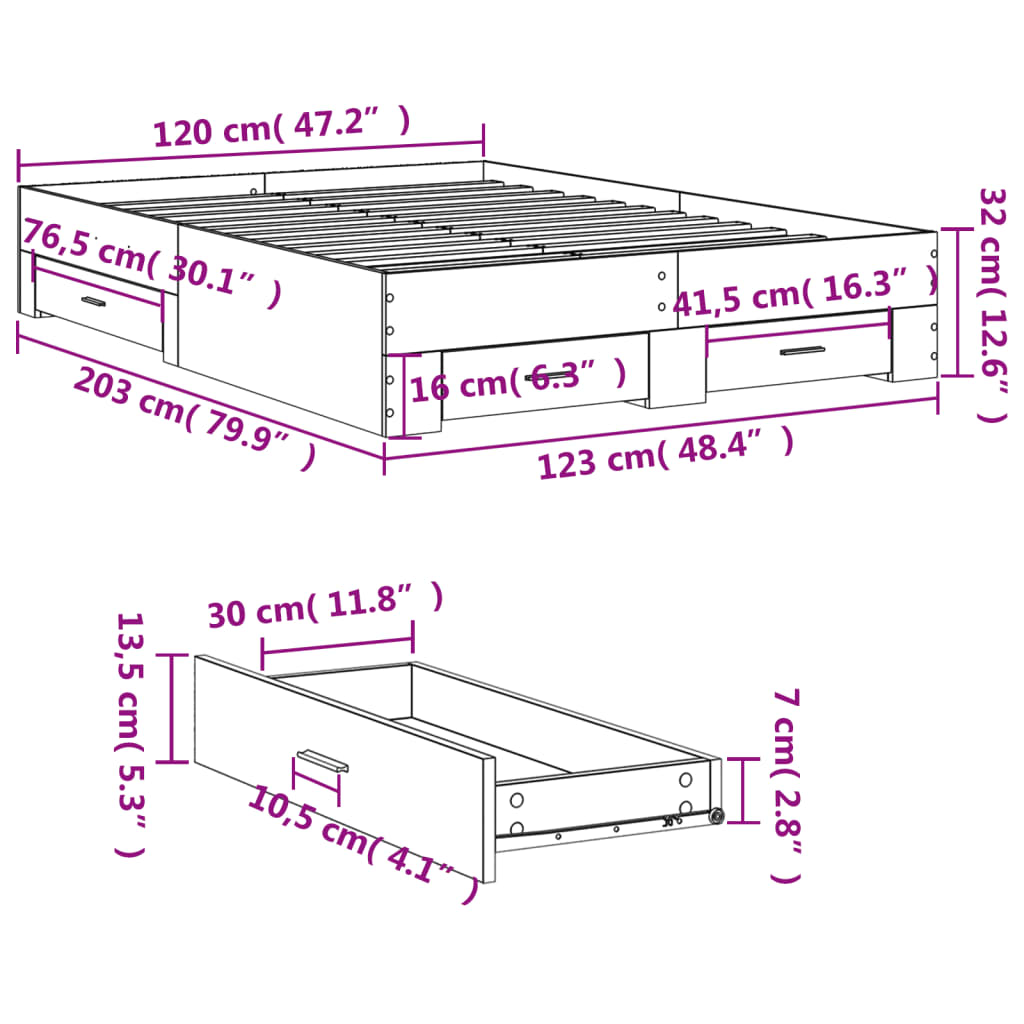 Estrutura de cama c/ gavetas 120x200cm derivados madeira branco