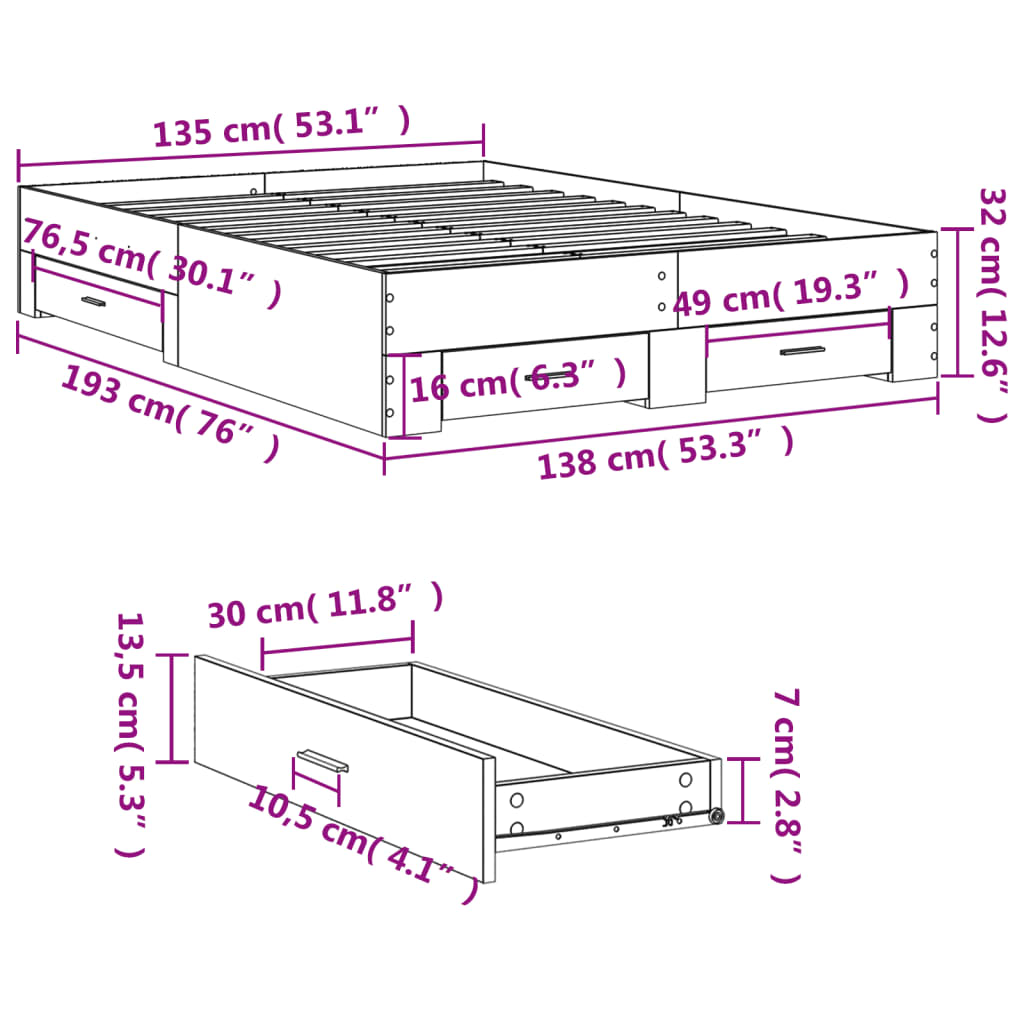 Estrutura de cama c/ gavetas 135x190cm derivados madeira branco