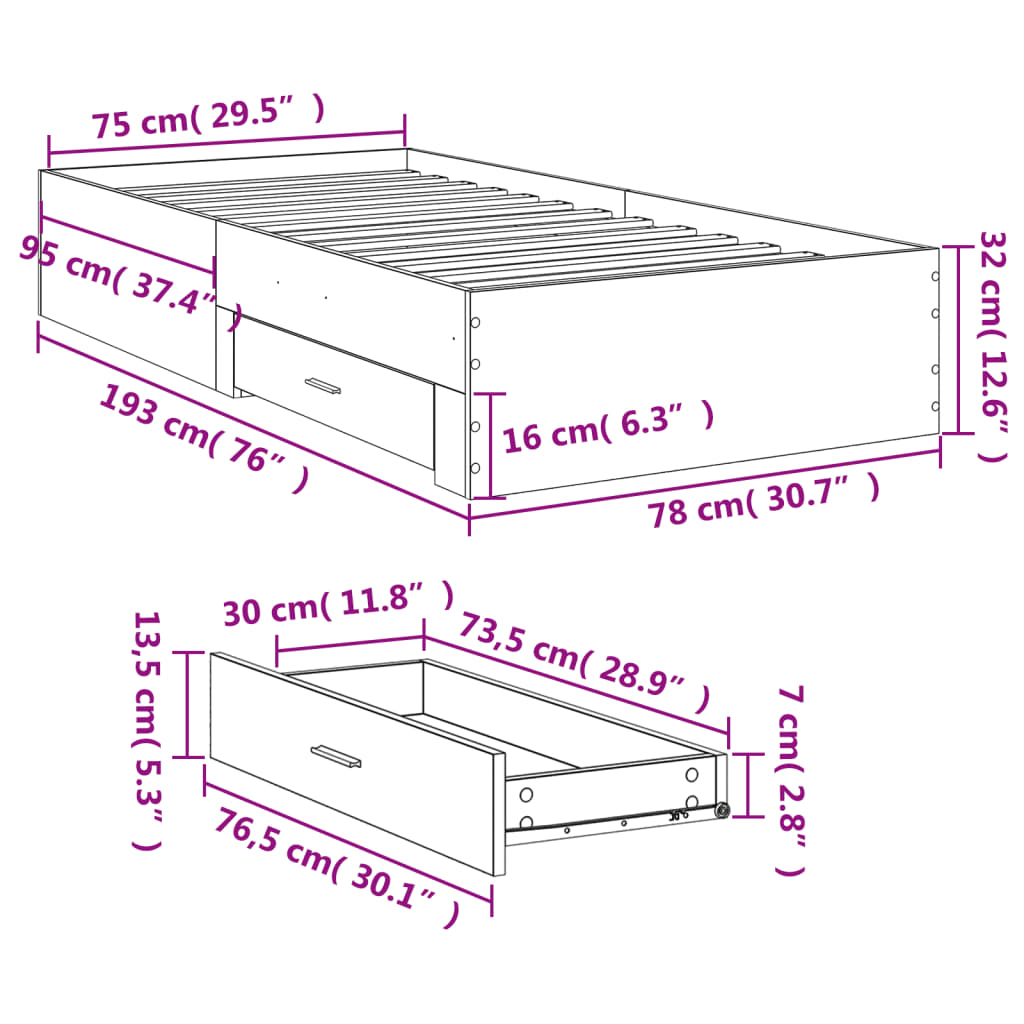 Estrutura cama c/ gavetas 75x190 cm derivados de madeira preto