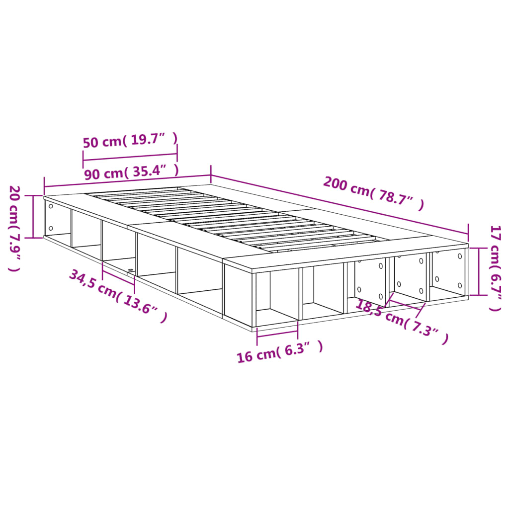 Estrutura de cama 90x200 cm derivados de madeira cinza sonoma