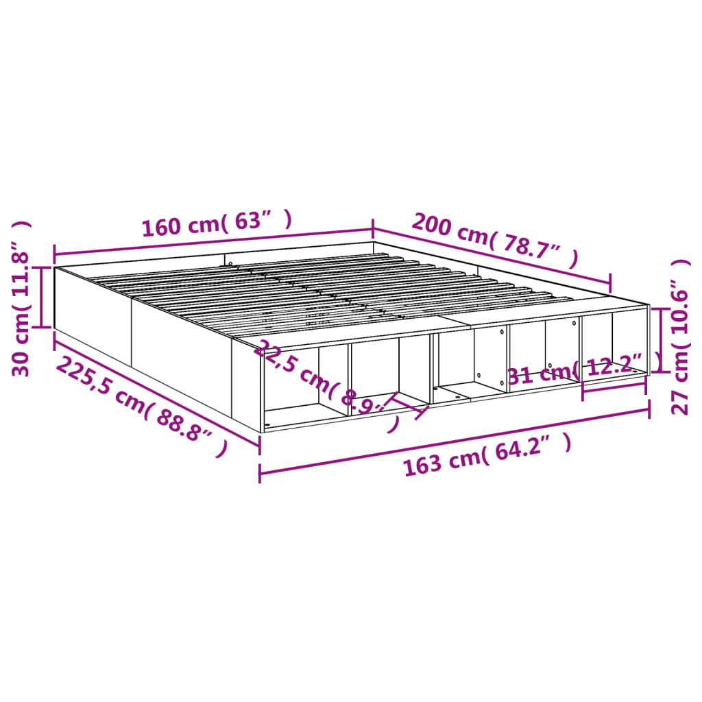 Estrutura de cama 160x200 cm derivados de madeira cinza sonoma