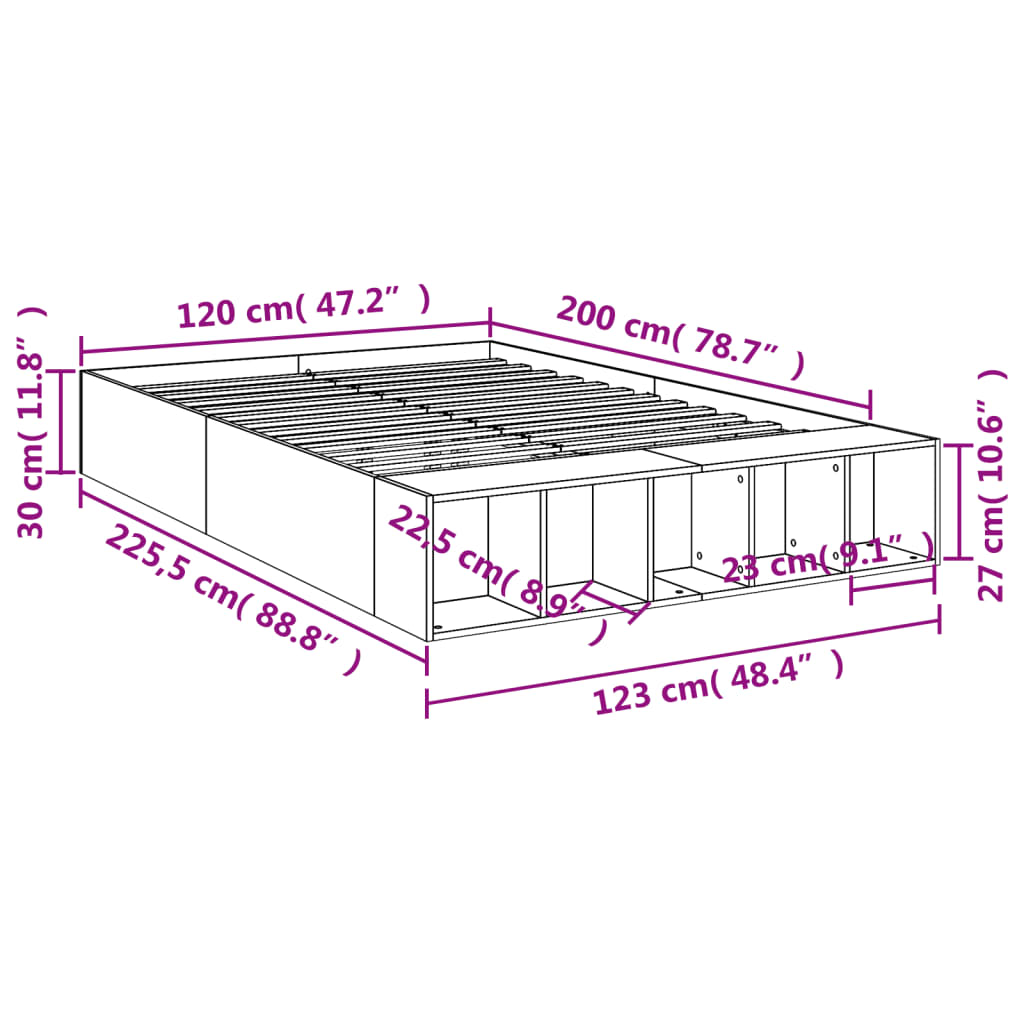 Estrutura de cama 120x200 cm derivados de madeira cinza sonoma